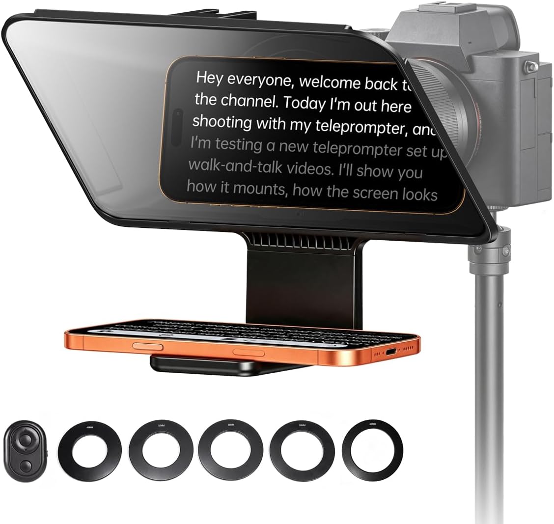 LENSGO 10'' Teleprompter for Camera with Magnetic Base, Remote & APP Control,Includes 49-62mm Adapter Rings,Compatible with iOS & Android System for Vlogging, YouTube, TikTok, Zoom & Streaming