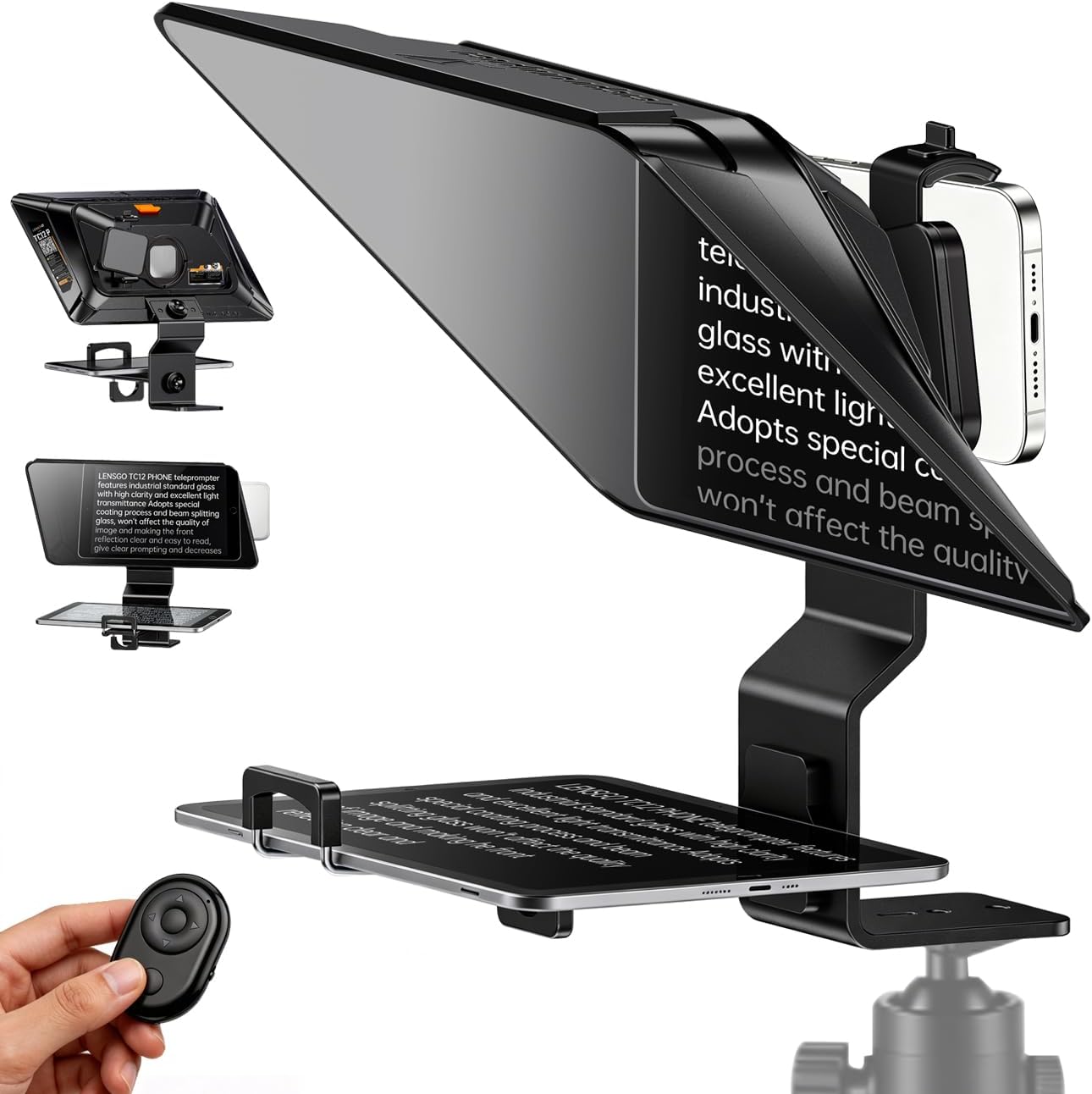 Teleprompter for Smartphone, LENSGO TC12P 14.5-Inch HD Wide-Angle Beam Splitter Glass,On-the-Go Teleprompter Supports iPad/Tablet with Bluetooth Remote for YouTube, Zoom, TikTok & Vlogging